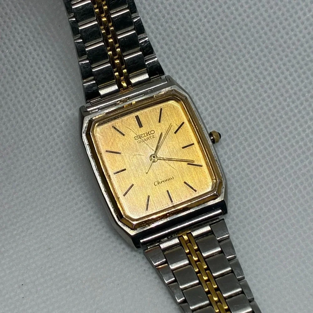 Vintage Seiko Chronos 9021-5130 Men Watch Gold Dial Two Tone Tank Square